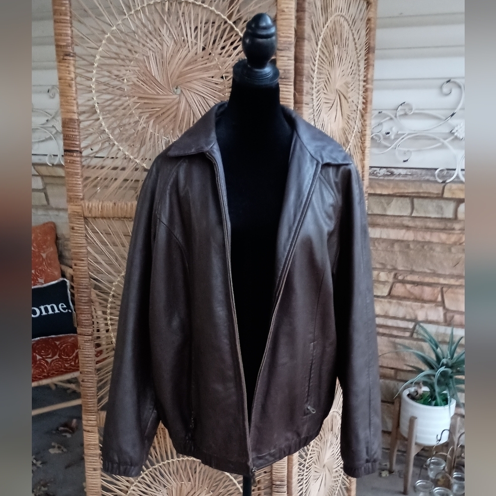 Vintage Preston & York Mens Brown Leather Flight Bomber Jacket Full-Zip_Large